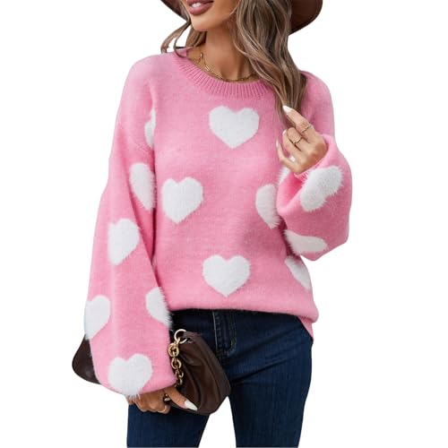 Image of Women's Valentine Love Print Heart Fun Sweater Casual Crewneck Long Sleeve Knit Sweatshirts Pullover Tops