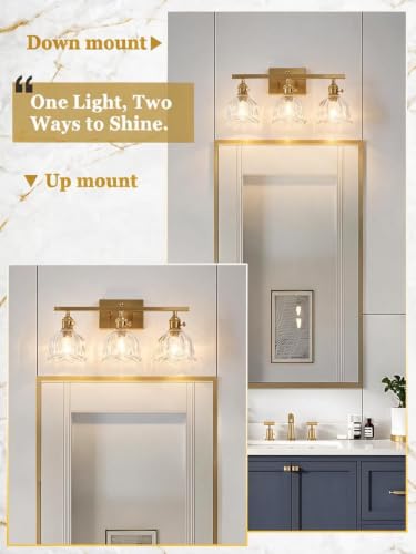 Image of 3-Light Vintage Bathroom Vanity Light, 19.4 inch Brass Hardwired Wall Sconce with Amber Tulip Glass Shades, Brushed Gold Vanity Light for Mirror, Restroom, Bedroom (Clear, 3-Light)