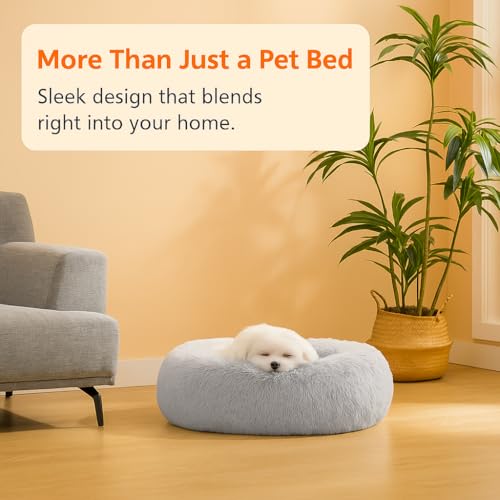 Flamingo Hundebett flauschig, Katzenbett, Donut Kissen, waschbar, Polsterung in der Mitte herausnehmbar, Langer Plüsch, 55 cm Durchmesser - grau