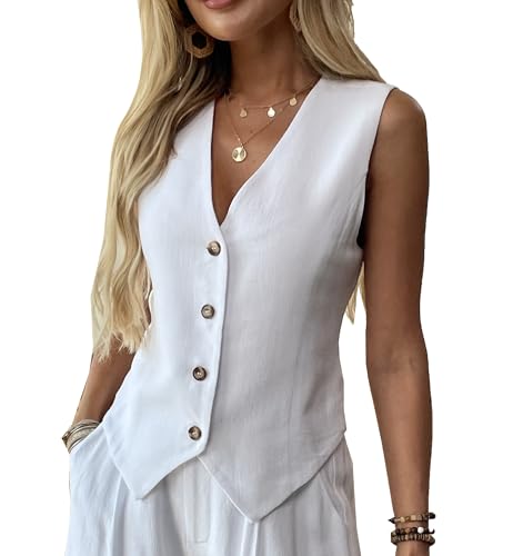 heipeiwa Women's Cotton Linen Vest Button Down Sleeveless V Neck Tank Tops Waistcoat Jacket