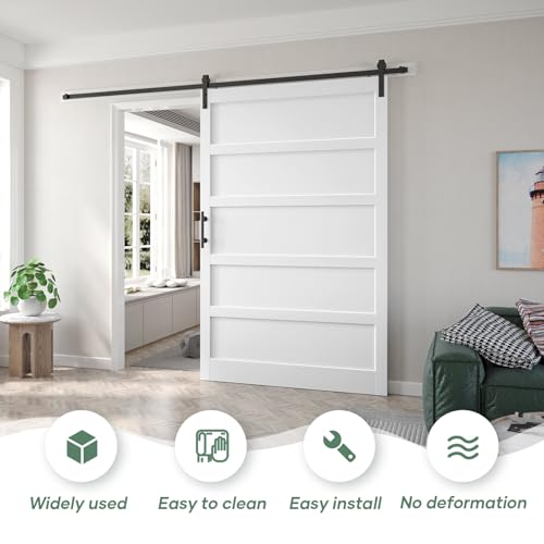 Image of 60x96 Inch White Sliding Barn Door Slab with 10ft Hardware Kit Included, 5-Panel,White Doors for Bedroom