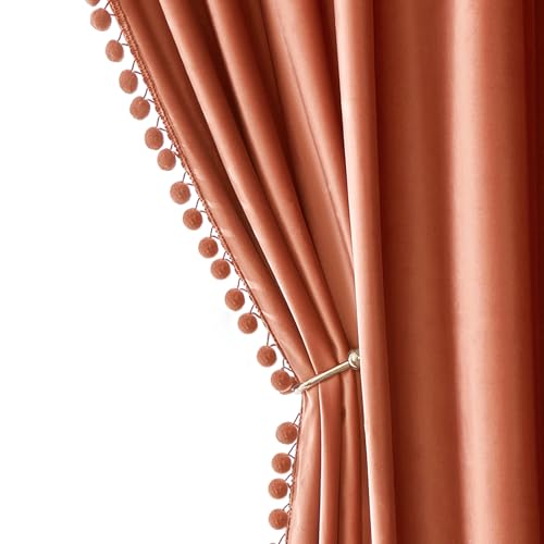 MIULEE Fall Burnt Orange Pom Pom Velvet Curtains for Bedroom/Living Room Darkening Thermal Insulating 84 Inches Long Blackout Curtains with Rod Pocket for Girls Room/Nursery/Home Theater Set of 2