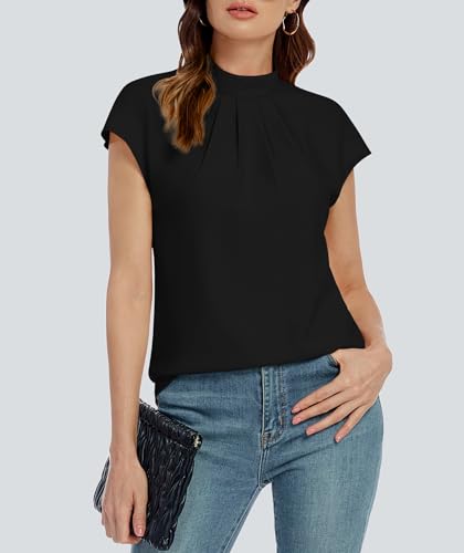 Image of Funlingo Womens Summer Tops Mock Neck Short Cap Sleeve Blouses Business Casual Work Chiffon Shirts Front Pleated Tunic Top