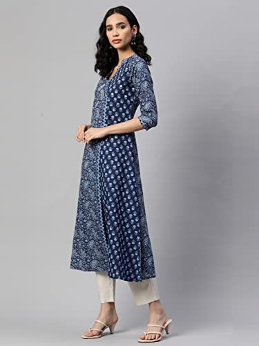 Image of Vbuyz Cotton Floral Printed A-Line Mirror Work Kurta for Women