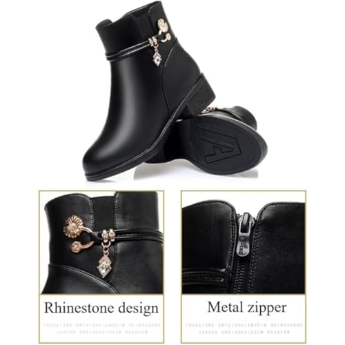 Women's Genuine Leather Wool Orthopedic Boots,Winter Warm Low Block Heel Snow Booties Leather Side Zipper Sparkling Rhinestones Waterproof Orthopedic Warm Boots4