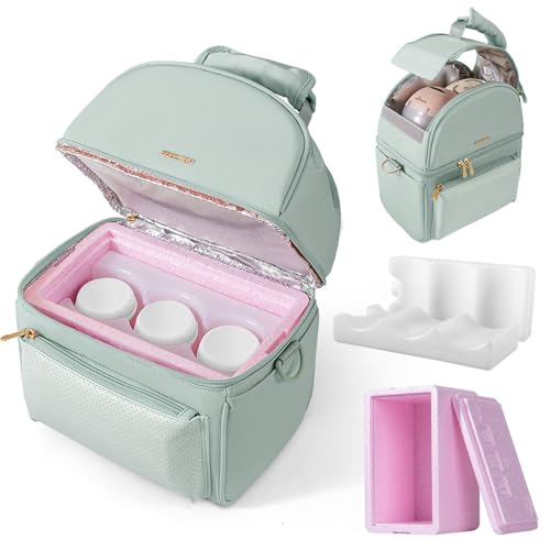 Image of SUNVENO Breast Milk Cooler Bag with Detachable Insulation Box, Double-Layer Pumping Travel Bag for Work & Daycare, Fits Bottles, Ice Packs and Pump Parts,Green