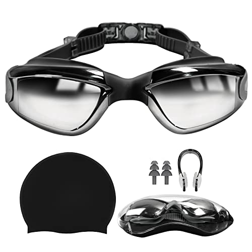 Global-Daily Gafas de natación 5 en 1, antivaho, protección UV, equipo de natación incluyendo gafas de natación, auriculares, gorro de natación, auriculares y clips de nariz, bolsa de natación (negro)