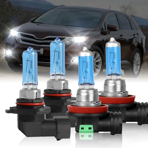 IVBDQV Fit 2009-2016 for Toyota Venza Headlight Bulbs, 9005/HB3 High Beam and H11/H9 Low Beam 9005 H11 Halogen Bulbs 300% Brightness High Performance Halogen Bulbs Combo 4PCS