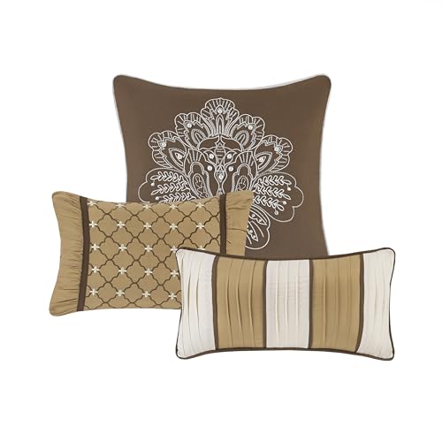 Madison Park Bellagio Cozy Comforter Set - Luxurious Jaquard Traditional Damask Design, All Season Down Alternative Bedding with Matching Shams, Decorative Pillow, Queen(90"x90"), Brown/Gold 7 Piece - Image 4