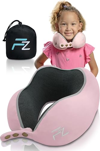 FLOWZOOM Comfy Kids Almohada de Viaje para Niños Mayores de 3 Años – Cojín Ajustable con Funda Suave y Lavable – Cojín de Viaje Viscoelástica para Coche, Tren y Avión   Rosa, Talla M (3 5 Años)
