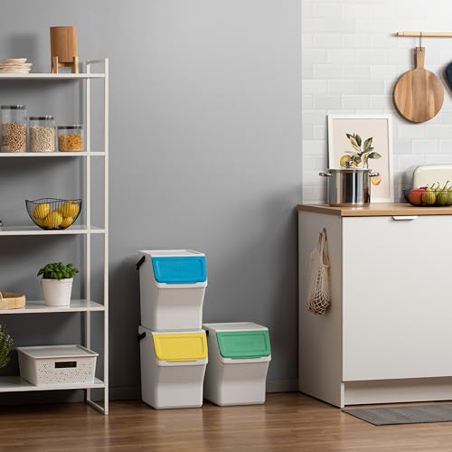 TATAY Recycling Kitchen Bin Easy Waste 20L | Set of 3 | Stackable Recycling Bins Modular Design | Click-Lid System | Integrated Carry Handle | Made from Recycled Material | 35x27x36 cm – White - Image 4