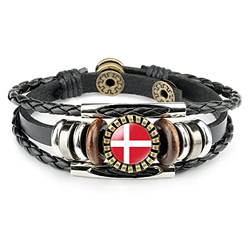 Bracelets De Drapeau National Du Danemark - Bracelet En Pierre De Temps À Motif De Drapeau,Bracelet En Cuir Tressé En Couches Avec Drapeau Du Danemark,Bracelet En Cuir Noir Bijoux De Patriote Bijou