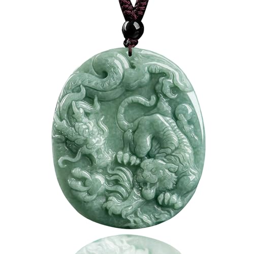Hand-Carved Dragon Tiger Natural Jade Pendant Necklace for Men Women, Zodiac Stone Amulet Fashion Jewelry Accessories Necklace for Gifts