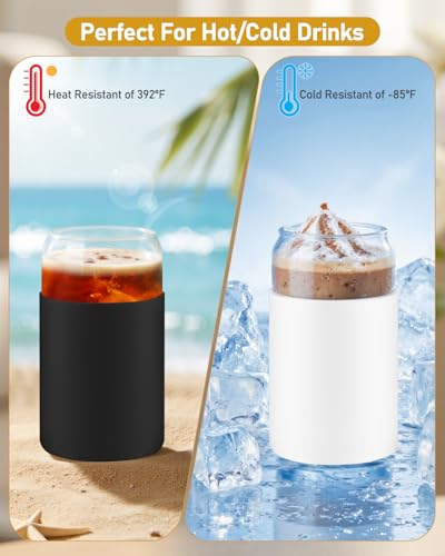 Image of sungwoo Glass Cups with Lids and Straws, 4 Pack 16OZ Iced Coffee Cups with Silicone Sleeve, Glass Tumbler with Straw and Bamboo Lid, Home Essential Drinking Set for Juice, Cocktail and Tea Black&White