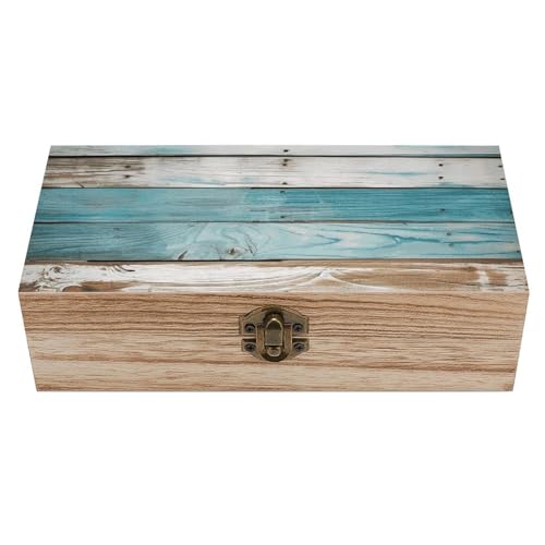 WAFICAC Caja de almacenamiento de madera de playa vintage de color azul antiguo con tapa abatible y cierre frontal, joyero grande de madera, caja de recuerdos, organizador de escritorio de oficina.