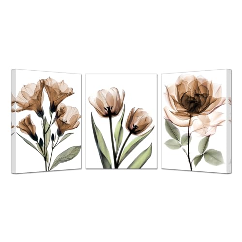 KREATIVE ARTS 3 Piece X-Ray Flower Canvas Wall Art - Abstract Transparent Floral Prints, Elegant Artwork for Living Room, Ready to Hang, 12x16'' Each (Brown)