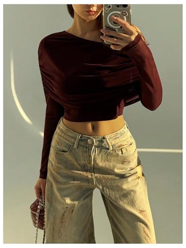 Image of SweatyRocks Women's Sheer Mesh Off Shoulder Tops Long Sleeve Ruched Fitted Crop Tops Night Out Tees