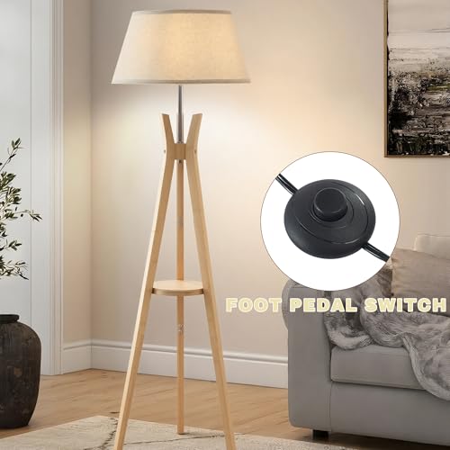 Image of Tripod Floor Lamp with Shelf, Modern Corner Lamp for Living Room | Mid Century, 59'' Tall, Bamboo Standing Lamp for Bedroom, for Office, Linen Shade, E26 Base, Natural