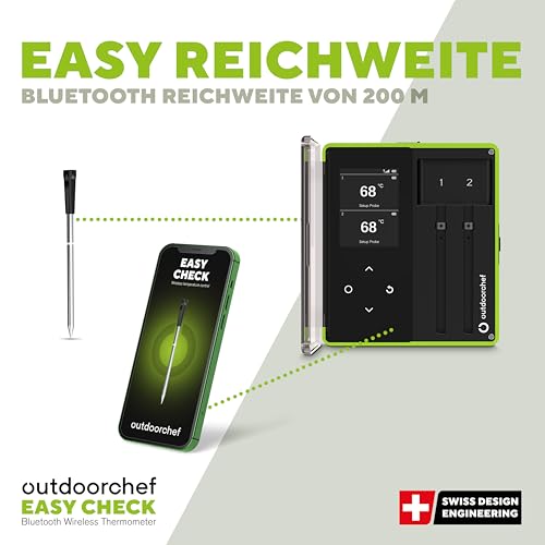 Outdoorchef Easy Check Thermometer Dual – Wireless Bluetooth BBQ‑Thermometer mit App, 2 hitzebeständige Fühler für Fleisch & Garraum, 200 m Reichweite, spülmaschinenfestes Grillthermometer
