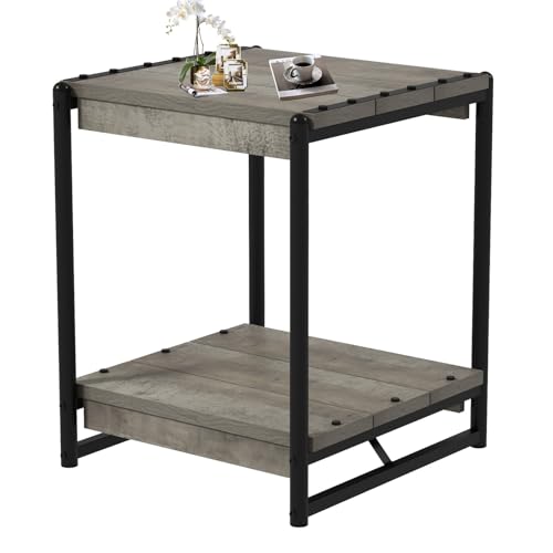 Mesa auxiliar, mesa auxiliar cuadrada moderna industrial, mesita de noche de madera con marco de metal de 2 niveles, mesas auxiliares para sala de estar, dormitorio, sala de estudio, uso en sofá cama,