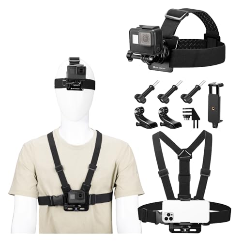 K&F CONCEPT Kit de Accesorios para Cámara de Acción Compatible con GoPro Hero 13 12 11 10 9 Insta360 dji Osmo 360 Action Teléfono Movil, Incluye Arnes Pecho, Correa de Cabeza, Clip de Teléfono Movil