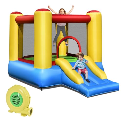 GLACER Bounce House, Inflatable Jumper with Slide, Basketball Rim, Bouncing Area, Carry Bag, Repair Kit, Indoor Outdoor Blow Up Play Center Bouncy House for Backyard, Party (with 480W Blower)