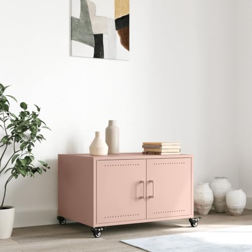Table basse rose acier rangement à roulettes table appoint 68cm - 4