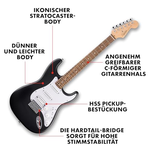 Squier by Fender Debut Collection HT HSS Stratocaster E-Gitarre, Laurel Griffbrett, Weißes Schlagbrett, Black