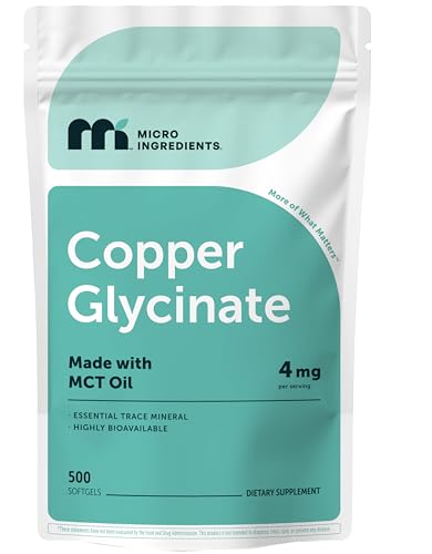 Copper Glycinate with MCT Oil, 500 Softgels | 4 mg Elemental Copper Per Serving | Chelated Copper Mineral Supplement | Essential Trace Mineral | Non-GMO, cGMP Manufactured
