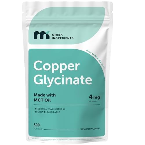 Copper Glycinate with MCT Oil, 500 Softgels | 4 mg Elemental Copper Per Serving | Chelated Copper Mineral Supplement | Essential Trace Mineral | Non-GMO, cGMP Manufactured