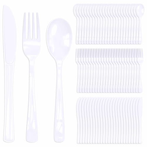 FALIZIFU 150 Pcs White Plastic Cutlery Set Disposable White Heavy Duty Plastic Knives Forks and Spoons Silverware Utensils Set for 50 Guests Birthday Wedding Party Disposable Flatware Sets