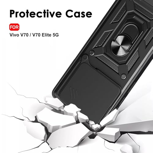 Image of AIBEX Back Cover Compatible for Vivo V70 5G / Vivo V70 Elite 5G | D10 Tough Armor Case | Sliding Camera Shield | 360 Protection | Kickstand Ring Holder | Military-Grade Bumper Case - Black