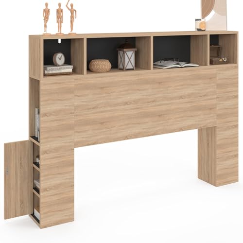 IDMarket - Tête de lit sur Pied Cleo 145 cm avec rangements fermés et niches façon hêtre et Noir