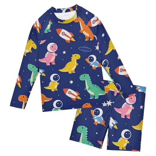 Traje de baño de dos piezas para jugar en la playa con manga larga protectora de dinosaurio