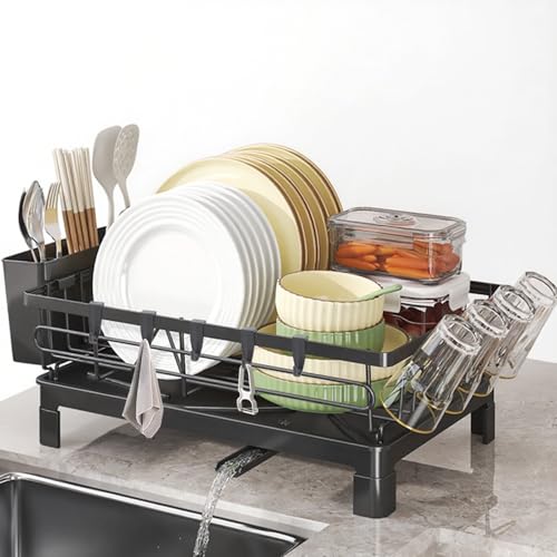 OFOAEEA Dish Drainer Rack, Draining Board Rack, Sink Drainer Rack, Dish Drying Rack, Space Saving Dish Rack for Kitchen Counter, Kitchen Drainer with Cups Hooks Utensil Cutting Holders, Black