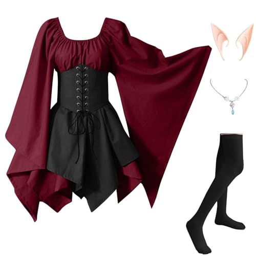 YEBIRAL Mittelalter Kleid Damen kurz Mittelalter Kleidung Damen Traditionelles Renaissance Gothic Kleid Kostüm Steampunk Karneval Halloween Kostüm...