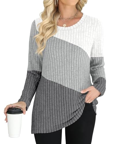 AYIFU Womens Color Block Tops Lightweight Sweaters Casual Long Sleeve Tunic Tops Trendy Crewneck Pullover Shirts2