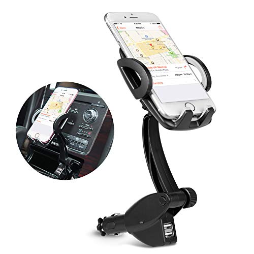 Car Phone Mount, 3-In-1 Cigarette Lighter Car Mount 360°Rotatable Universal Cell Phone Holder with Dual USB Ports Car Charger Compatible Phone X 8 8 Plus 7 7 Plus 6 Galaxy S9 S9+ Note 9 8 S8 S8+ more