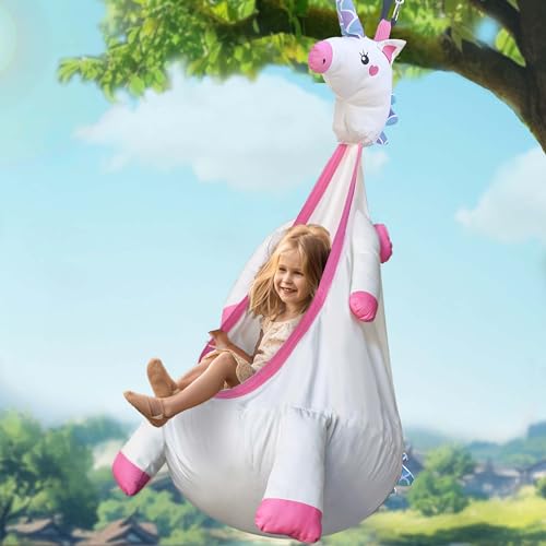 Image of iPlay, iLearn Kids Pod Swing Set, Toddler Girl Unicorn Swing Toys, Child Porch Hammock, Hanging Tree Tent for Indoor Outdoor Backyard Playground, Sensory Birthday Autism Gift Kit 3 4 5 6 7 8 Years Old