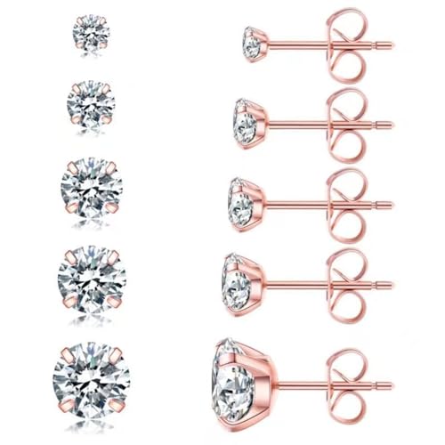 WATEFOER 5 pares de pendientes de acero inoxidable, hipoalergénico circonio cúbico 316L pendientes para las mujeres niñas hombres, regalo de cumpleaños de Navidad (Oro rosa)