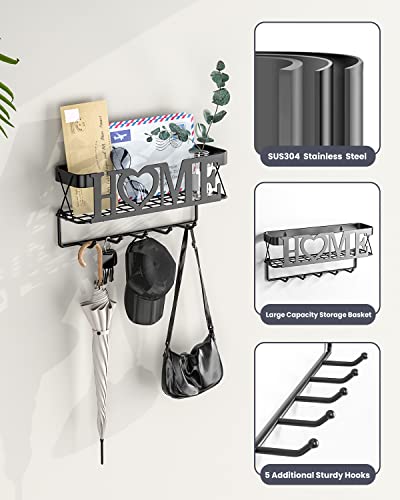 OHOBABY-Key-Holder-for-Wall-Key-Rack-with-5-Key-Hooks-1102-L275-W492-H-Key-and-Mail-Organizer-Wall-Mount-with-Mesh-Basket-Key-Hanger-for-Wall-Entryway-Home-DecorMatte-Black
