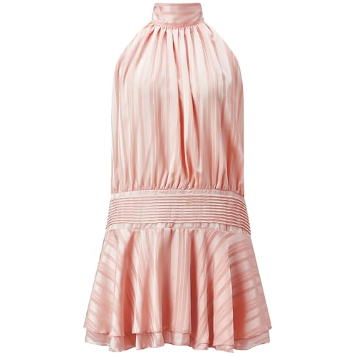 Image of Women's 2026 Summer Halter Dress Sleeveless Open Back Ruffle Tiered Layered Chiffon Pleated A Line Swing Mini Dress