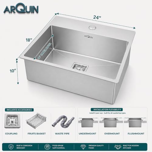 Image of ARQUIN Kitchen Sink 24x18x10 Inch Handmade Single Bowl Tap Hole Matt Finish Kitchen Sink 304 Grade Stainless Steel Kitchen Sinks | Sink For Kitchen Basin Square Drainer and Adjustable Fruit Basket