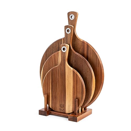BILL.F Acacia Pizza Peel, Set of 3 Acacia Wood Cutting Board 8' 10' 12' Inch Cutting Board, Cheese Paddle Board, Bread and Crackers Platter for Serving and Minor Food Prepare with Handle and Organizer
