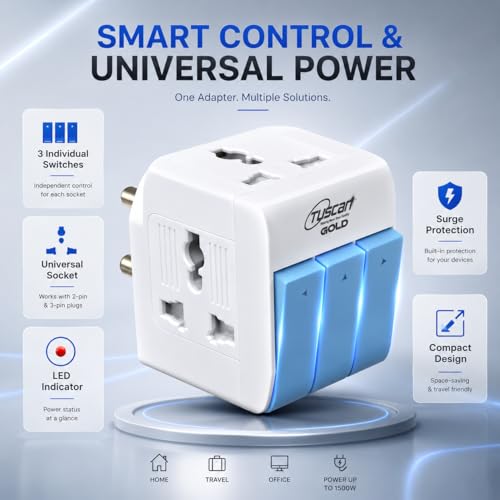 Image of PROSAC 3-Pin Multi Plug Socket with Individual Switch | Universal Travel Adapter for 2-Pin & 3-Pin Devices | 5A-250V Wall Charger with Safety Shutter, Fuse & Indicator | Pack of 1