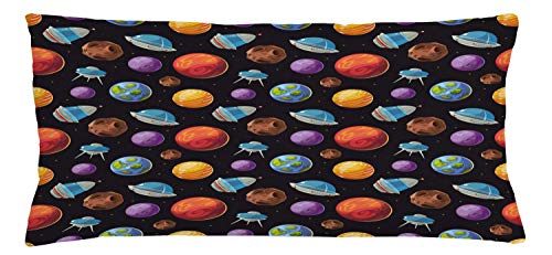 Lunarable Outer Space Throw Pillow Cushion Cover, Cartoon Space with Planets Space Ships Asteroids Alien Worlds Galaxy Universe, Decorative Rectangle Accent Pillow Case, 36