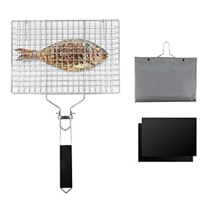 JJoexyfit Grillmand voor barbecue, draagbaar, opvouwbaar grillnet van roestvrij staal met grillmat voor braadvis, garnalen, groenten, steak, vlees