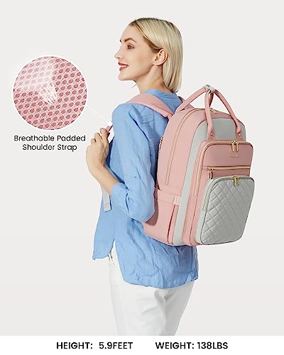 Image of LOVEVOOK Laptop Backpack, D-Pink-Grey, 15.6in Laptop Compartment, 26L Capacity, 18 Pockets, Ergonomic Shoulder Straps, USB Charging Port