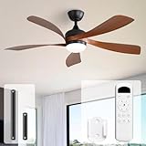 Sofucor 52 Inch Ceiling Fans with Lights and Remote, Outdoor Ceiling Fan with Light 6-Speed 3 CCT 3-Timer, Black+Brown Low Profile Ceiling Fan 5 Blade Reversible DC Motor for Living Room Bedroom Patio