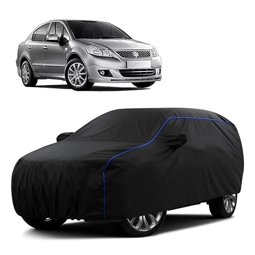 Image of Sulfar 100% Water Resistant Car Body Cover Compatible with Mirror for Maruti Suzuki SX4 (Triple Stitched, Full Bottom Elastic, Black Tafetta with Blue Piping)